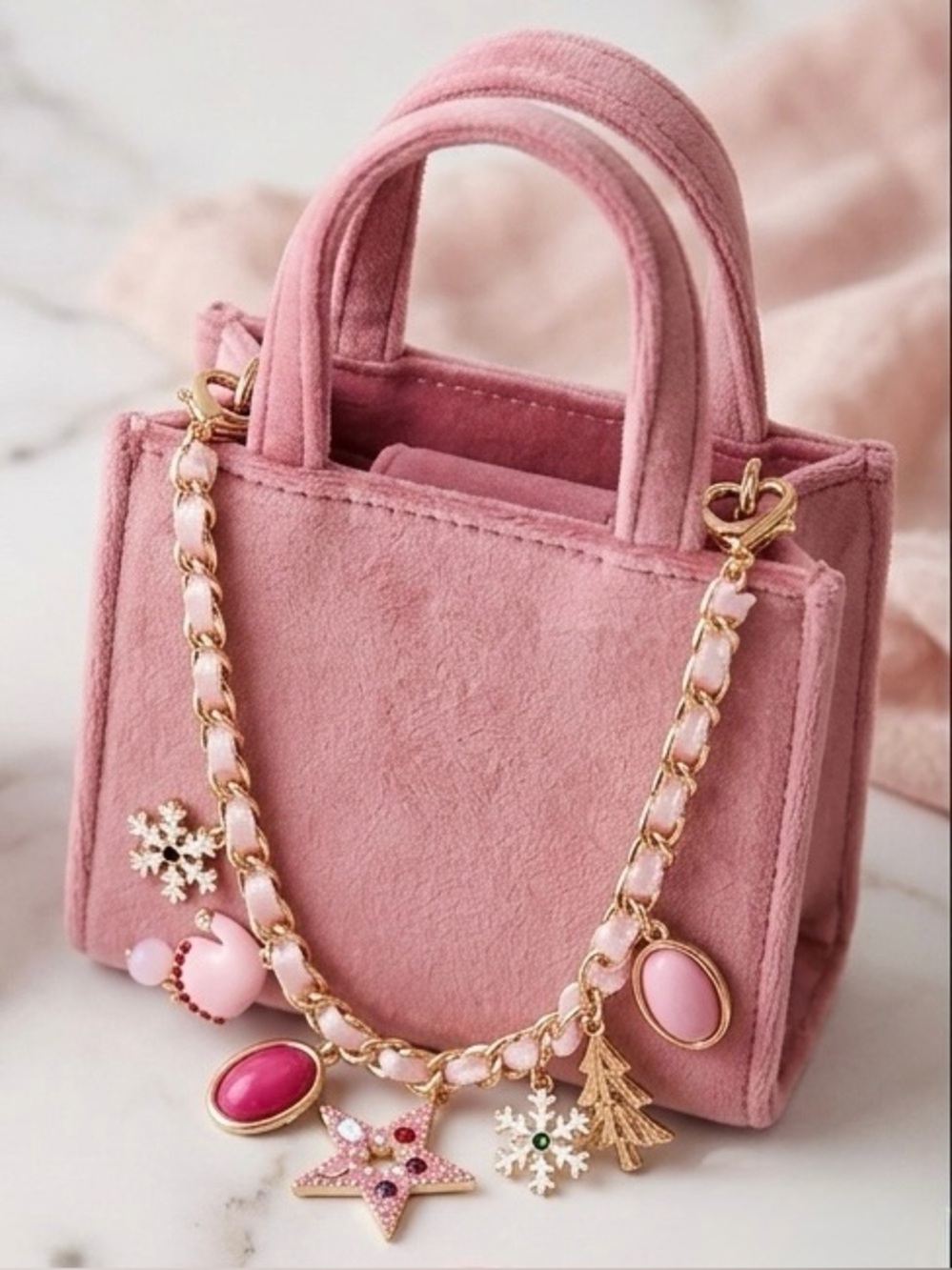 NWT Cara Kids New York Winter Wonderland Purse Charm Chain Pink Gold Tone Charm